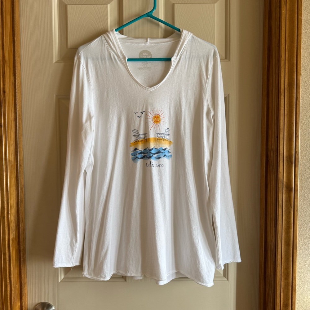 Life Is Good Let’s Sea White Long Sleeve Tee with hoodie and Ocean Graphic